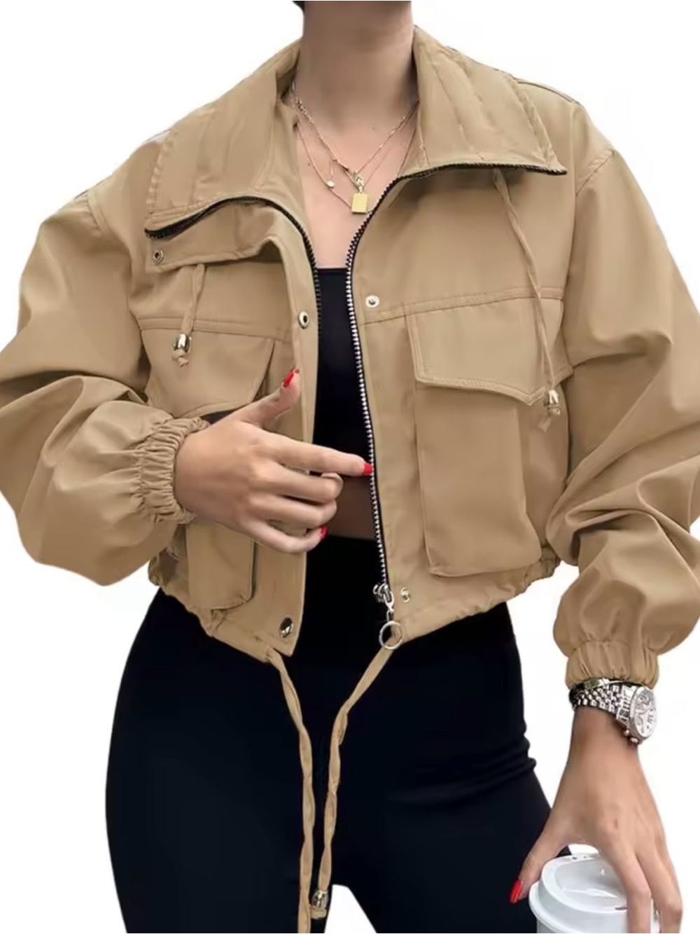 Casual Drawstring Cropped Jacket in Beige